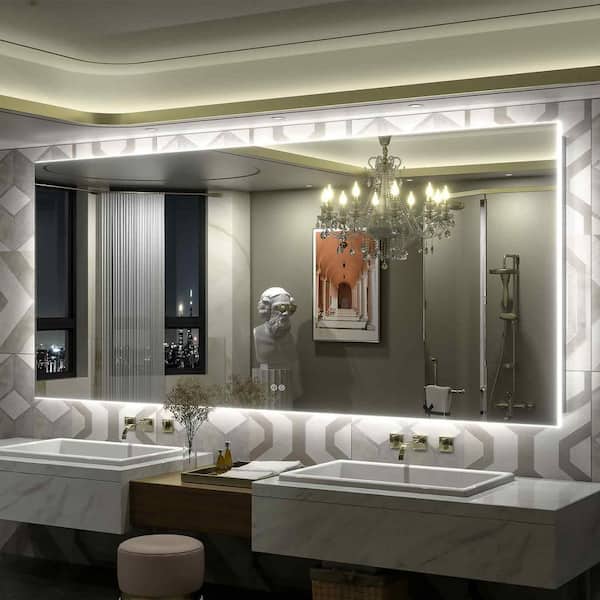 Apmir 88 in. W x 38 in. H Rectangular Frameless Super Bright Backlited LED Anti-Fog Tempered Glass Wall Bathroom Vanity Mirror