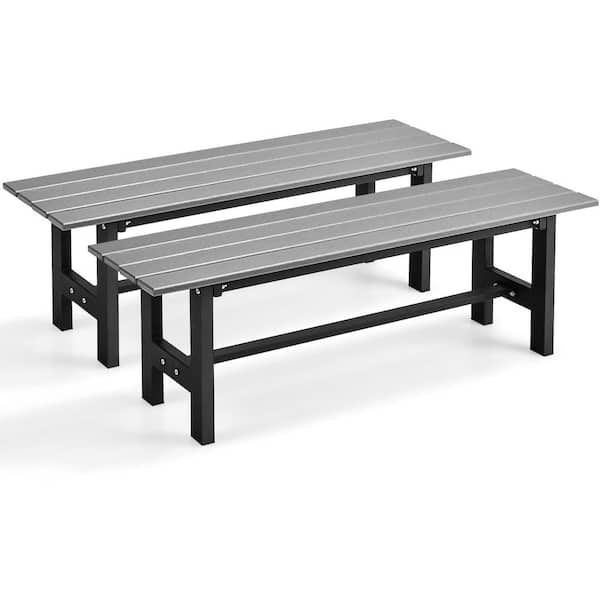 Costway 2-Pieces Gray HDPE Plastic Outdoor Bench with Metal Frame 47 in. x 14 in. x 16 in. for Yard Garden