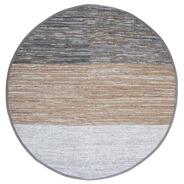Vintage Leather 7 ft. x 7 ft. Gray/Beige Gradient Striped Round Area Rug