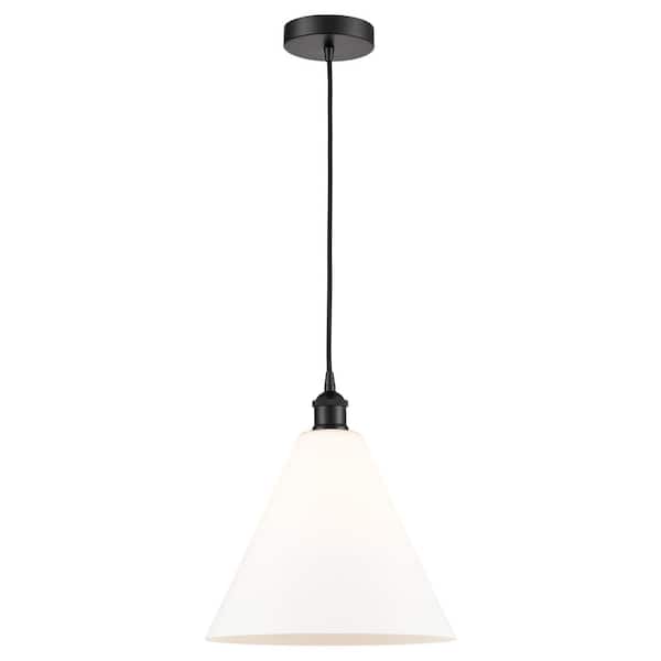 Edison Glass Cone 60-Watt 1-Light Matte Black Standard Mini Pendant Light with Matte White Glass, No Bulbs Included