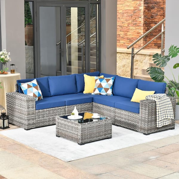 HOOOWOOO Tahoe Gray 6-Piece Wicker Extra-Wide Arm Outdoor Patio Conversation Sofa Set with Navy Blue Cushions