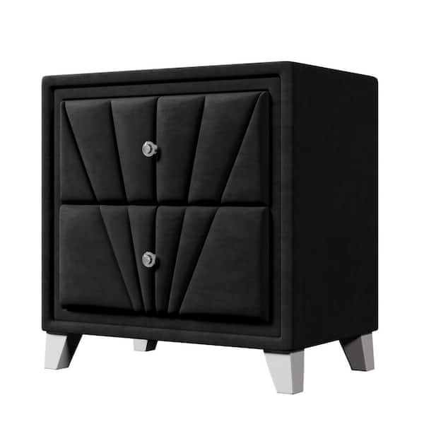 Spaco 2-Drawer Black Contemporary Velvet Upholstered Nightstand (28 in. H x 26.8 in. W x 16.9 in. D)