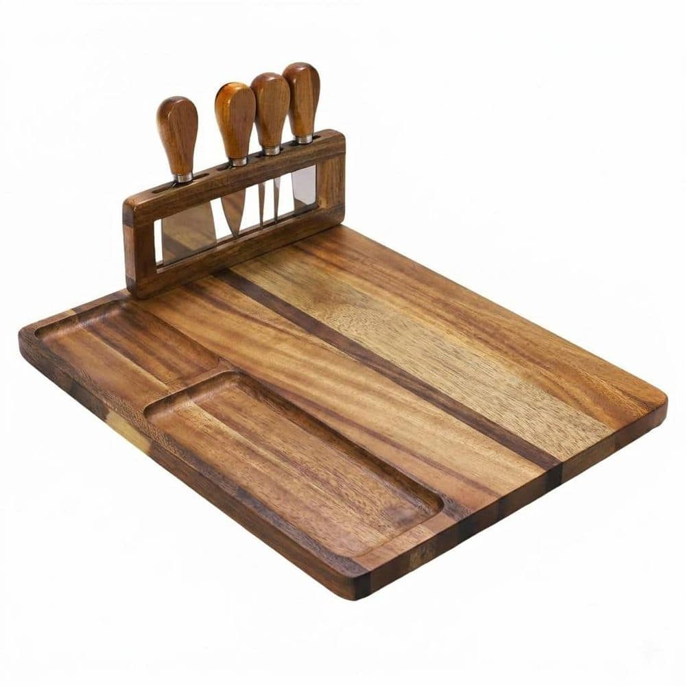 14 in. x 11 in. Acacia Wood Charcuterie Board and Knife Set with 3 Stainless Steel Knives and 2 Ceramic price history on PriceWatchPro
