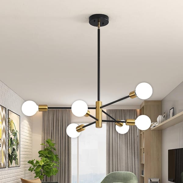 Deyidn Modern 6 -ight Black and Gold Sputnik Chandelier Ceiling Light ...