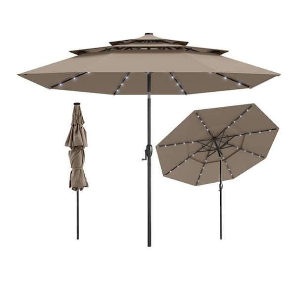 10 ft. Steel Market Solar Patio Umbrella with 32 LED Lights 3-Tier Vented Top in Tan