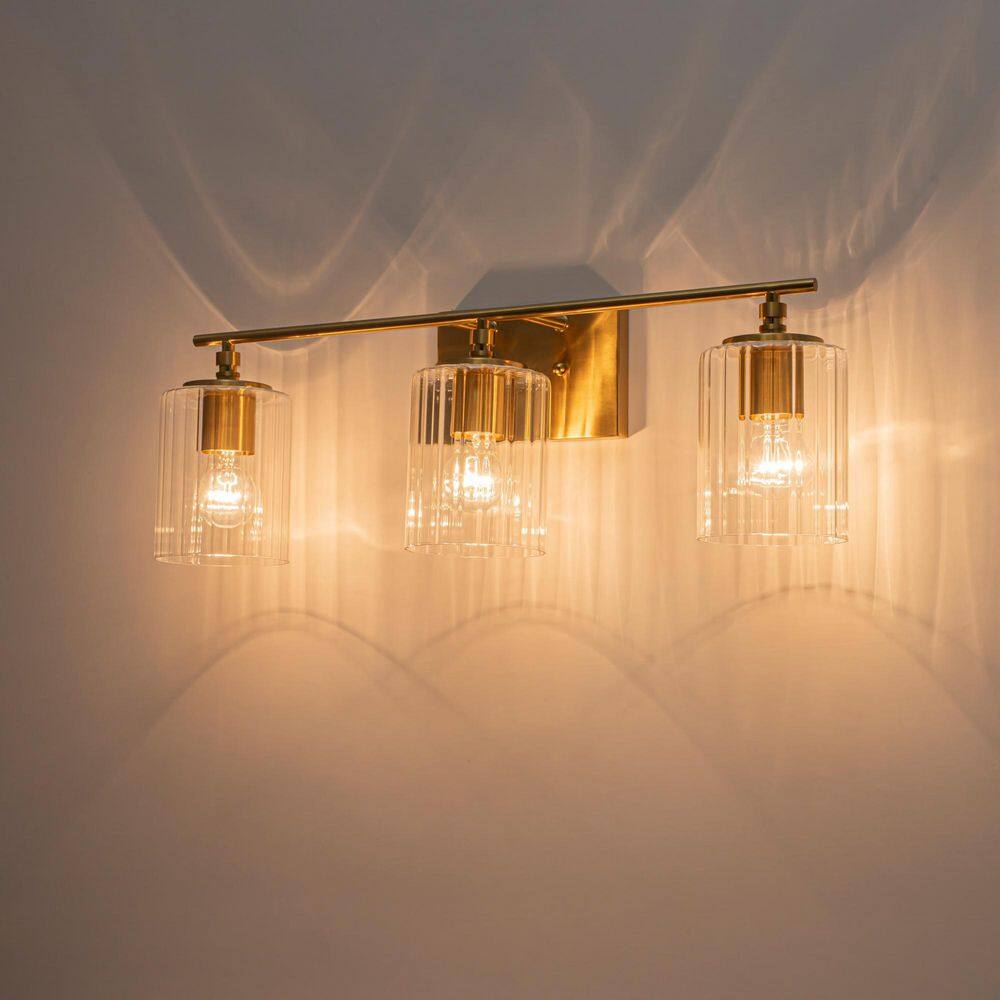 Gianna 25.2 in. 3-Light Linear Brushed Brass Modern Glass Bathroom Vanity Light with Clear Ribbed Glass Shades price history on PriceWatchPro