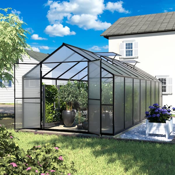 8 ft. W x 16 ft. D Polycarbonate Walk-in Greenhouse for Outdoors with 2-Adjustable Roof Vents, Gray