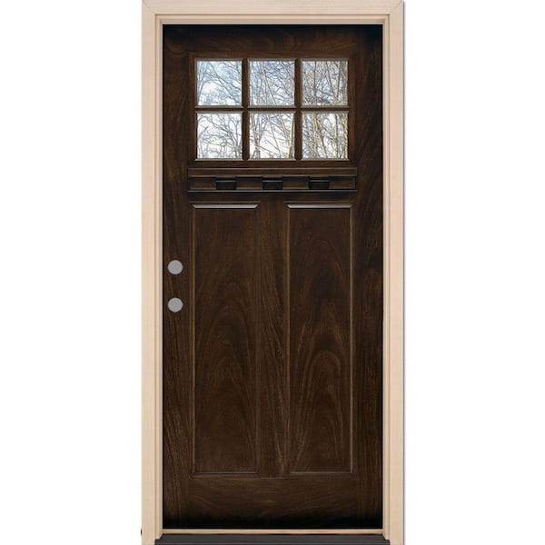 Feather River Doors 33.5 in. x 81.625 in. 6 Lite Craftsman Stained Chestnut Mahogany Right-Hand Inswing Fiberglass Prehung Front Door
