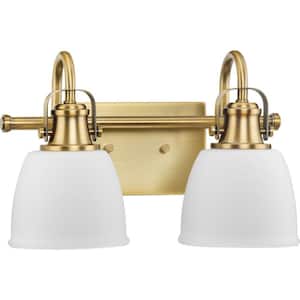 Preston 14 in. 2-Light Vintage Brass Vanity Light with Etched Opal Glass Shades