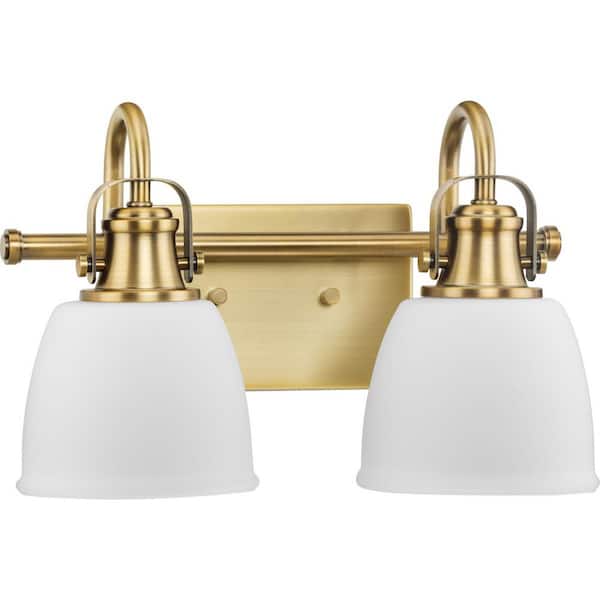 Progress Lighting Preston 14 in. 2-Light Vintage Brass Vanity Light with Etched Opal Glass Shades