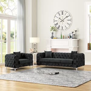 Modern 2-Piece Chair and Sofa Couch Set with Dutch Velvet Grey, Iron Leg Top in Black