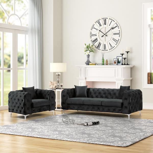 Morden Fort Modern 2-Piece Chair and Sofa Couch Set with Dutch Velvet Grey, Iron Leg Top in Black