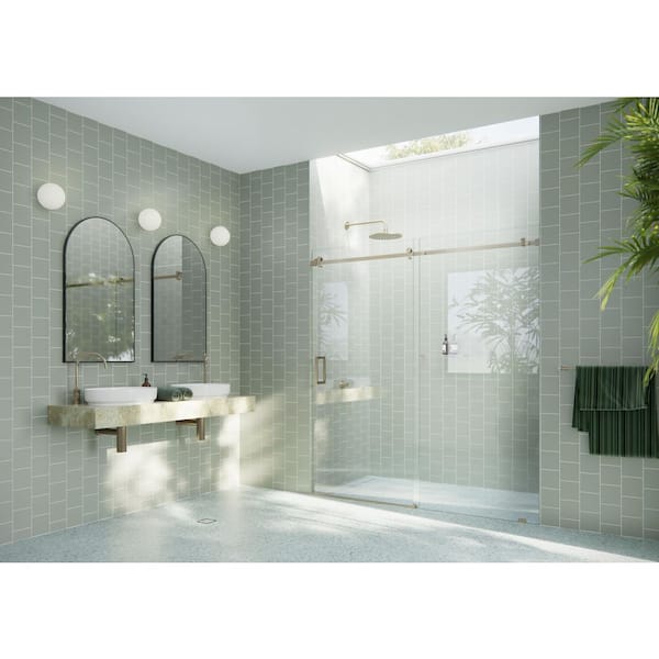 Astro 68 in. W x 78 in. H Sliding Frameless Shower Door with Square Hardware in Brushed Bronze with Clear Glass