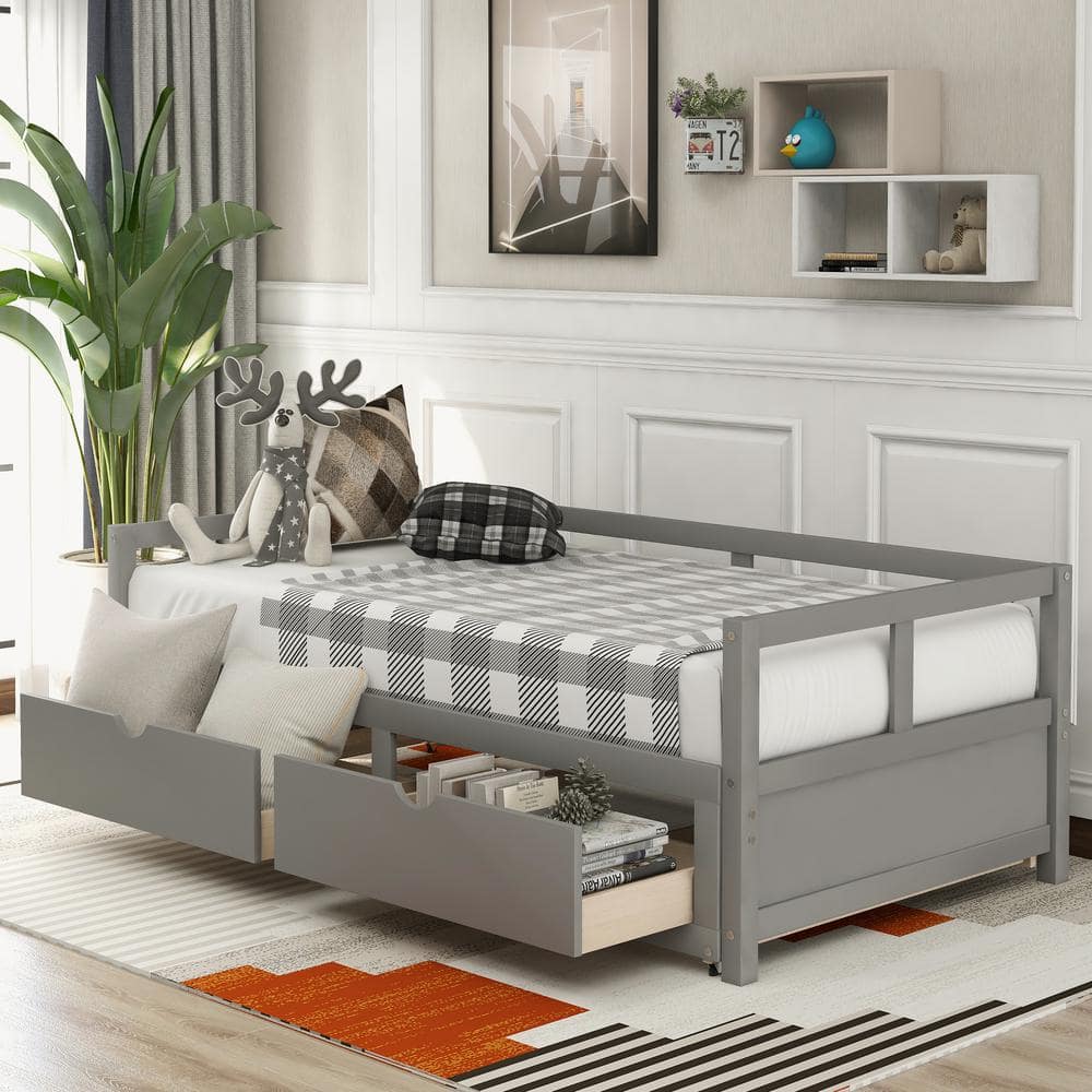 ANBAZAR Extendable Twin Gray Daybed with Trundle Wood Daybed