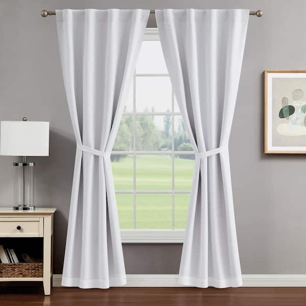 CREATIVE HOME IDEAS Tobie White Jacquard Polyester 38 in. W x 84 in. L Back Tab Blackout Curtain (2-Panels with 2-Tiebacks)