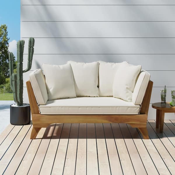 Misopily Acacia Wood Outdoor Day Bed with Water-Resistant Beige Cushions