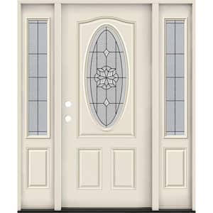 60 in. x 80 in. Right-Hand 3/4 Oval McAlpine Decorative Glass Primed Steel Prehung Front Door with Sidelites