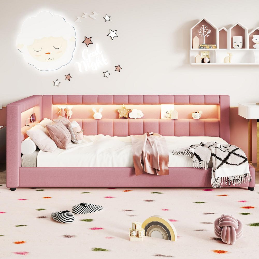 Pink Wood Frame Twin XL Size Platform Bed with USB Ports and Led Belt price history on PriceWatchPro