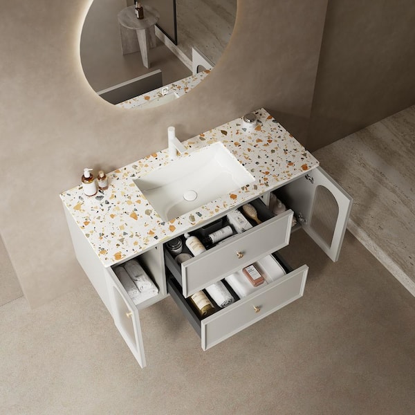 Unbranded 48 in. W Wall-Mounted Bath Vanity in Grayish with Matte White Engineered Stone Composite Top