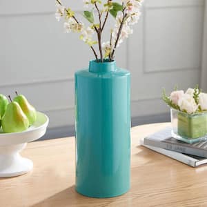Tall Teal Ceramic Jar with Handles Flower Pot Unique Flower Vase 18"H 