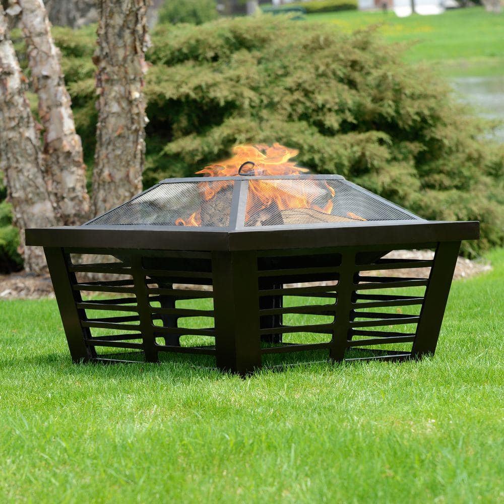 Square Steel Wood Fire Pit In Wenge, Pleasant Hearth Fire Pit