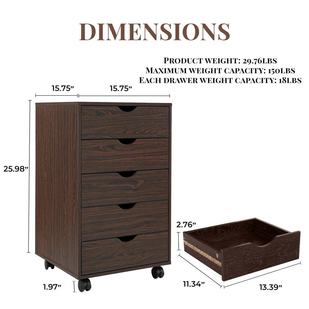 Espresso Dark Wood 5-Drawer Mobile File Cabinet with Casters
