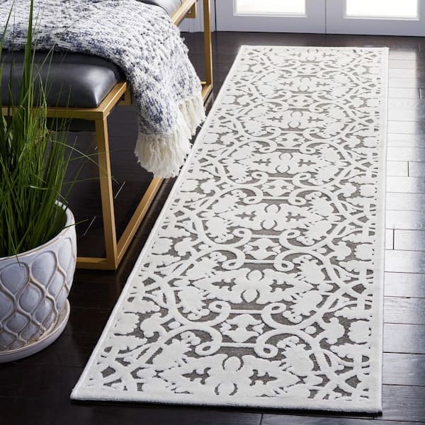 Paradise 2 ft. x 7 ft. Ivory/Dark Gray Ornate Floral Striped Runner Rug