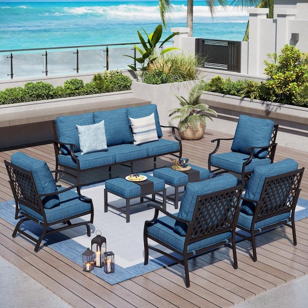 PHI VILLA Black Meshed 9-Seat 7-Piece Metal Outdoor Patio Conversation Set with Peacock Blue Cushions 2 Motion Chairs 2 Ottomans