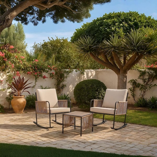 Teamson Home 3-Piece Outdoor Rocking Chair Conversation Set with Cushions and Steel Frame in Greige