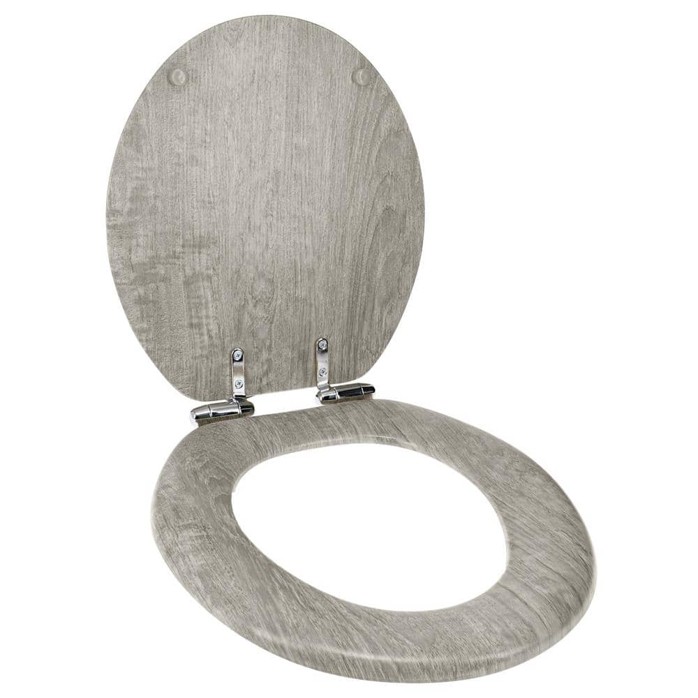 Round Distressed Gray Molded Wood Toilet Seat with Chrome Hinges