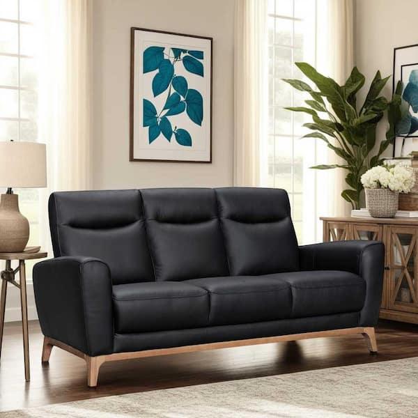 Armen Living Greyson 83 in. Flared Arm Leather Rectangle Sofa in. Black