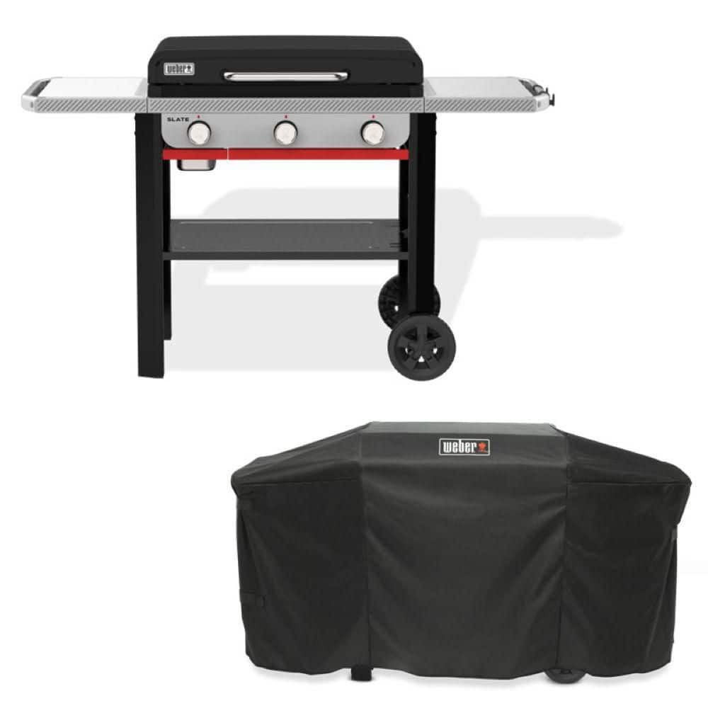 Slate Griddle 3-Burner Propane Gas 28 in. Rust-Resistant Flat Top Grill in Black with Grill Cover