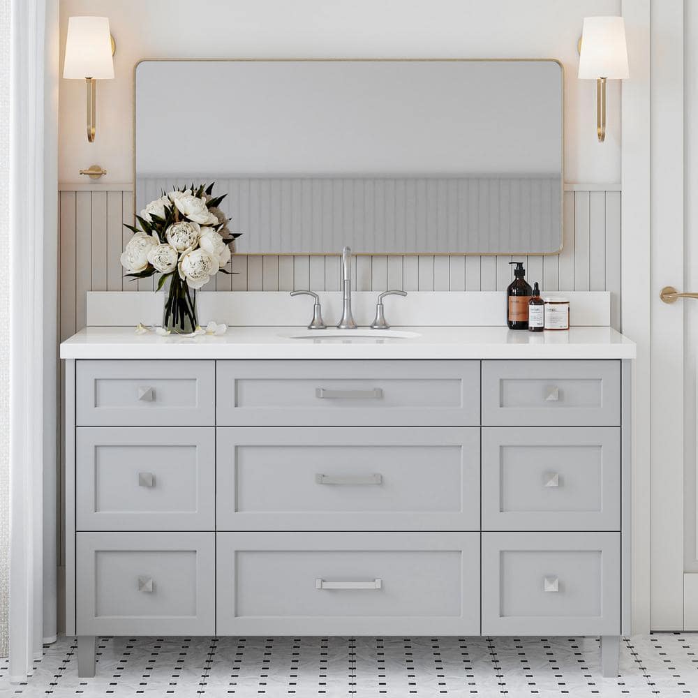 Gray Solid Wood Single Sink Bathroom Vanity with Quartz Top