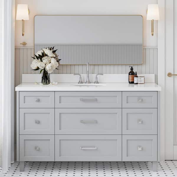 ARIEL Monroe 61 in. W x 22 in. D x 36 in. H Single Sink Bath Vanity in Grey with Pure White Quartz Top
