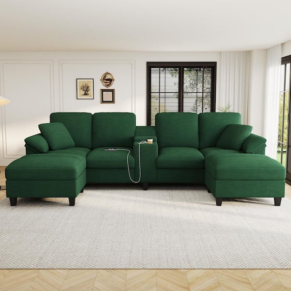 116.9 in. Pillow Top Arm Corduroy Sofa in Green with Storage Ottomans, Cup Holders and USB Ports