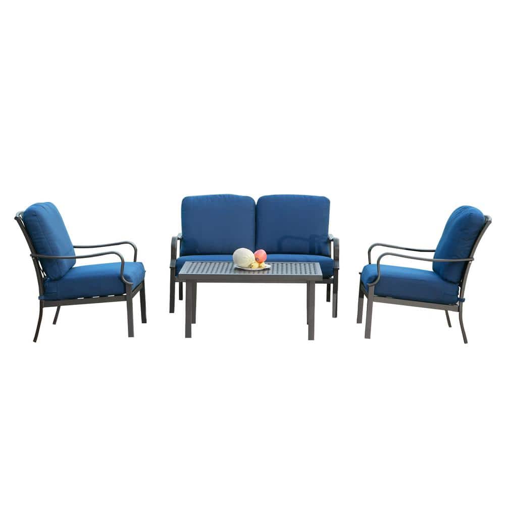Brown 4 Pieces Metal Outdoor Sectional Set with Metal Dining Table and Remo