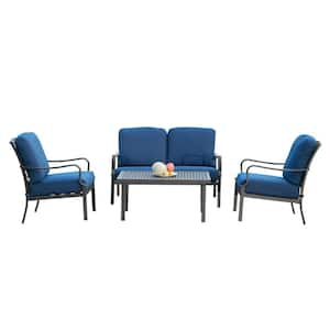 Brown 4 Pieces Metal Outdoor Sectional Set with Metal Dining Table and Removable Navy Blue Cushions for Garden Lawn Yard