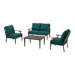 Braxton Park 4-Piece Black Steel Outdoor Patio Conversation Deep Seating Set with CushionGuard Malachite Green Cushions