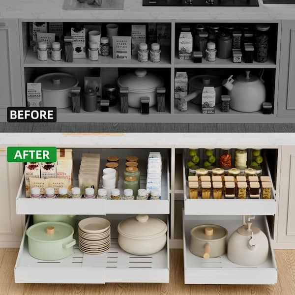 1-Shelf White Heavy Duty Slide Out Cabinet Shelf with Upgraded 3-Rail Sliding System, 4 Pack Pull Out Cabinet Organizer