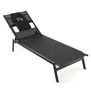 Patio Tanning Lounge Chair 5-Position Outdoor Recliner with Face Hole Poolside Black