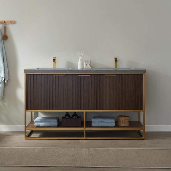 ROSWELL Donostia 60 in.W x 22 in.D x 34.6 in.H Bath Vanity in Walnut with Armani Grey Sintered Stone Countertop Without Mirror
