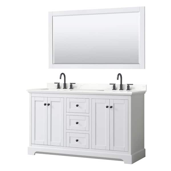 Wyndham Collection Avery 60 in. W x 22 in. D x 35 in. H Double Bath Vanity in White with Giotto Quartz Top and 58 in. Mirror