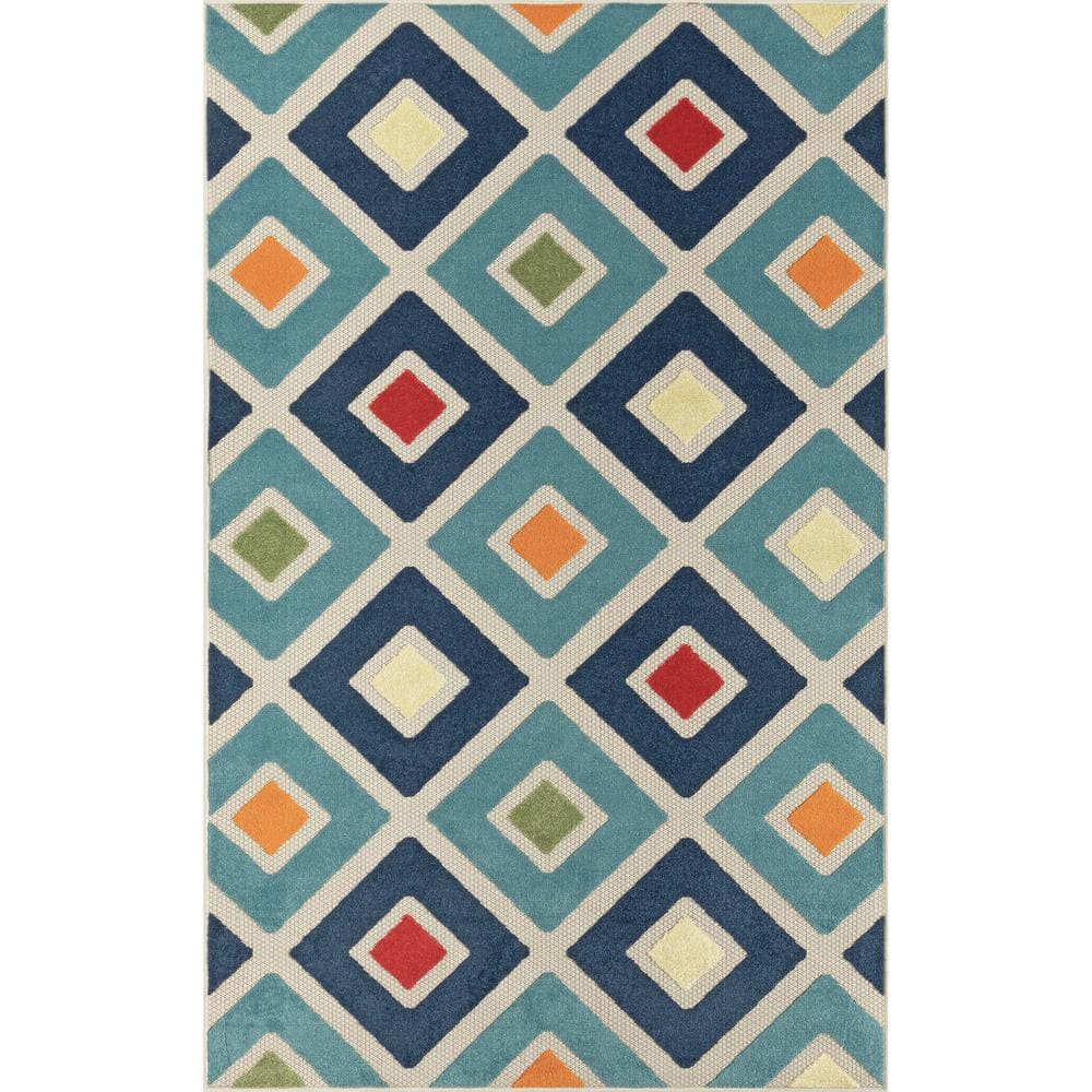 Clyde Diamond Navy Blue/Red/Orange 2 ft. x 3 ft. Geometric High-Low Polypro