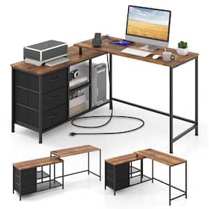 81 in. Rectangular Rustic Brown and Black Wood 3-Drawer Desk with Power Outlet