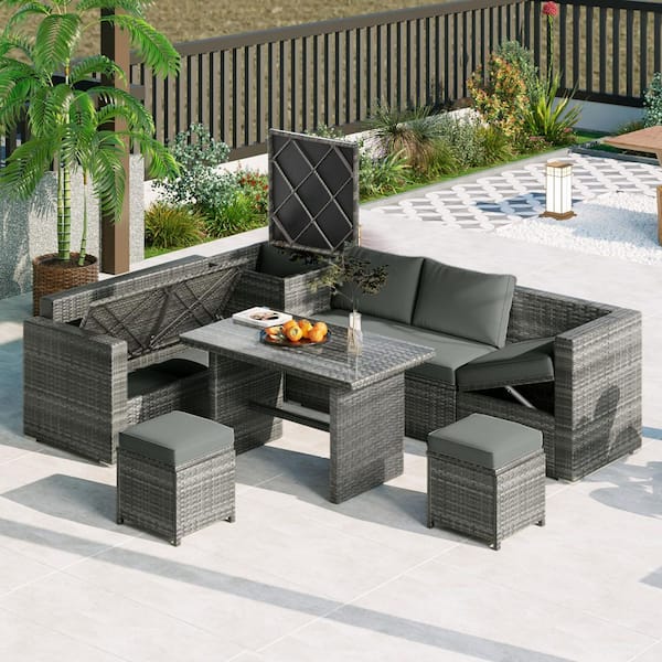 Tenleaf 6-Piece Wicker Patio Conversation Set with Gray Cushions, Adjustable Seat, Storage Box, Removable Covers