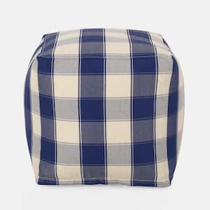 Ivory and Navy-Blue Checkered Fabric Square Pouf