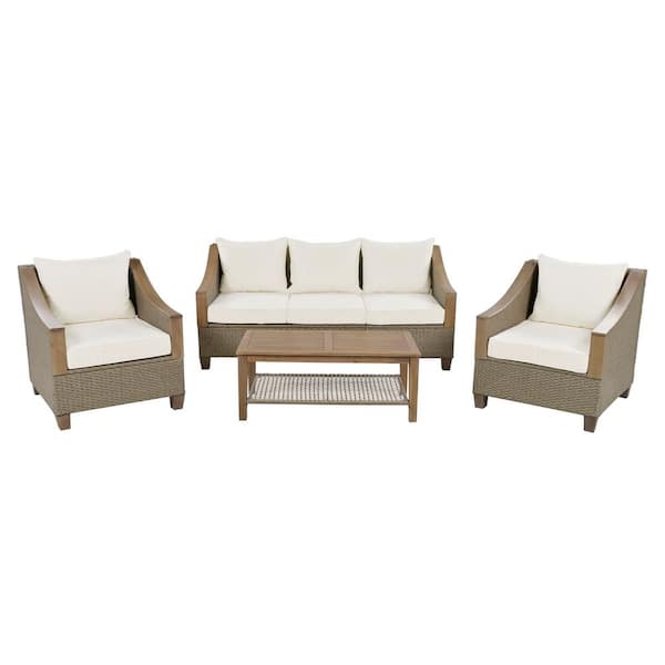 Sudzendf 4-Piece Wicker Patio Furniture Set, Rattan Outdoor Conversation Sofa Set with Beige Cushions