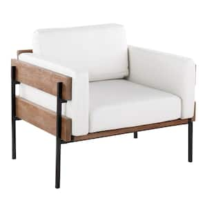 Kari White Faux Leather, Brown Wood and Black Metal Arm Chair