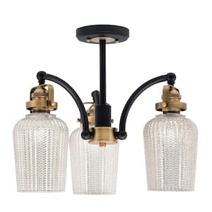 Decatur 16 in. 3 Light Black and Brass Semi-Flush with 5 in. Silver Textured Glass Shade No Bulbs Included