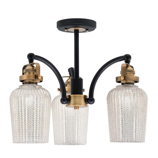 Unbranded Decatur 16 in. 3 Light Black and Brass Semi-Flush with 5 in. Silver Textured Glass Shade No Bulbs Included